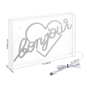 Bonjour Heart Contemporary Glam Acrylic Box USB Operated LED Neon Light - JONATHAN Y